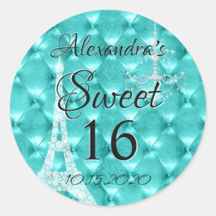 Pegatina Redonda Aqua Blue Paris Sweet 16 cumpleaños