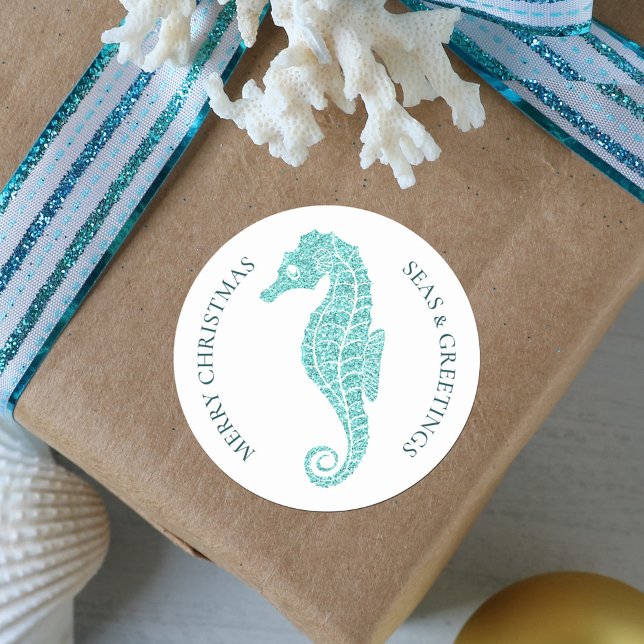 Pegatina Redonda Aqua Blue Purpurina Seahorse Navidades costeros (Subido por el creador)