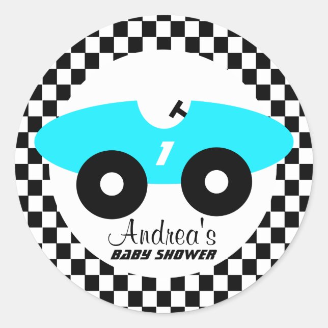 Pegatina Redonda Aqua Blue Race Car Baby Shower (Anverso)