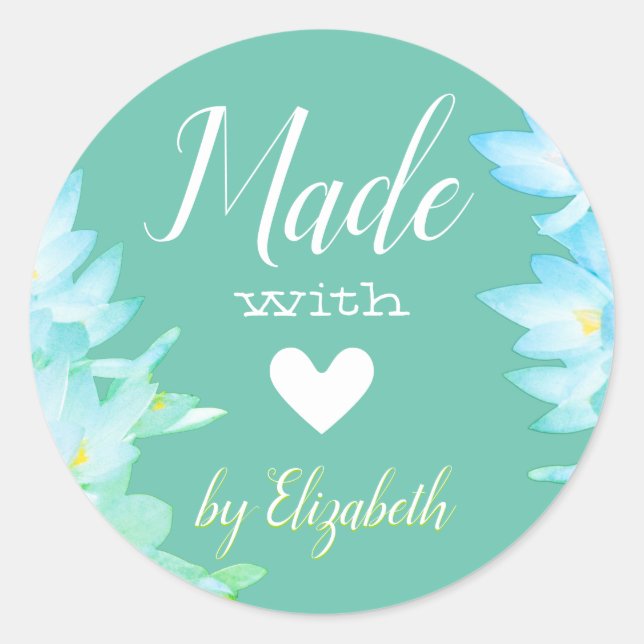 Pegatina Redonda Aqua Blue romántico Verde azulado hecho con amor C (Anverso)