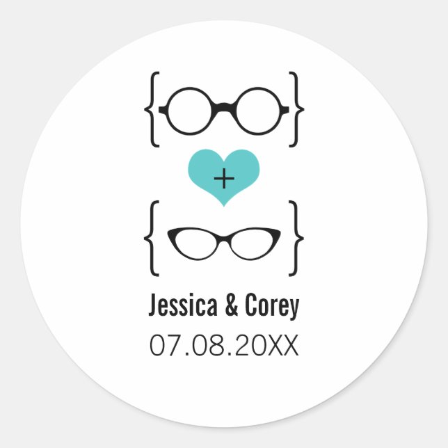Pegatina Redonda Aqua Geeky Glasses Wedding Stickers (Anverso)
