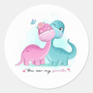Pegatina Redonda Aqua gemela y dinosaurio rosado