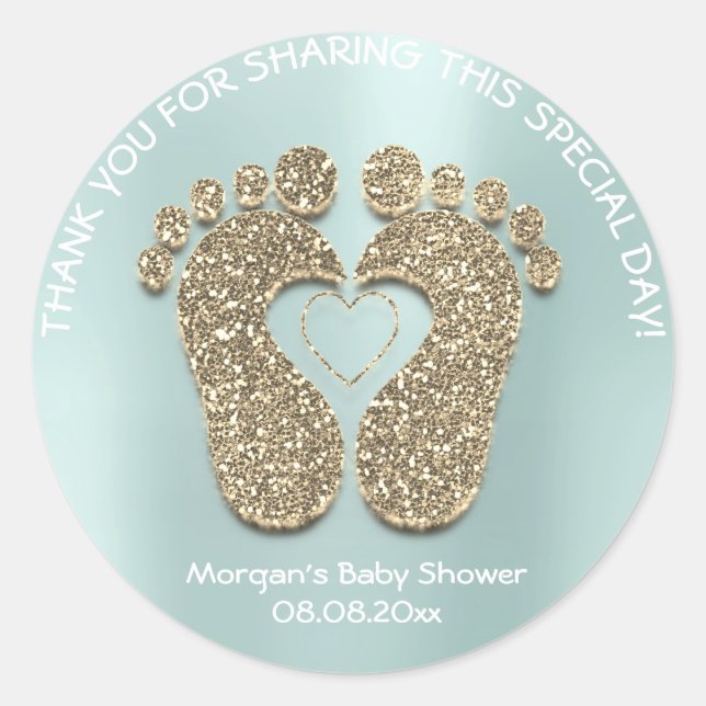 Pegatina Redonda Aqua Gold Heart Feet Baby Shower Favor Gracias (Anverso)