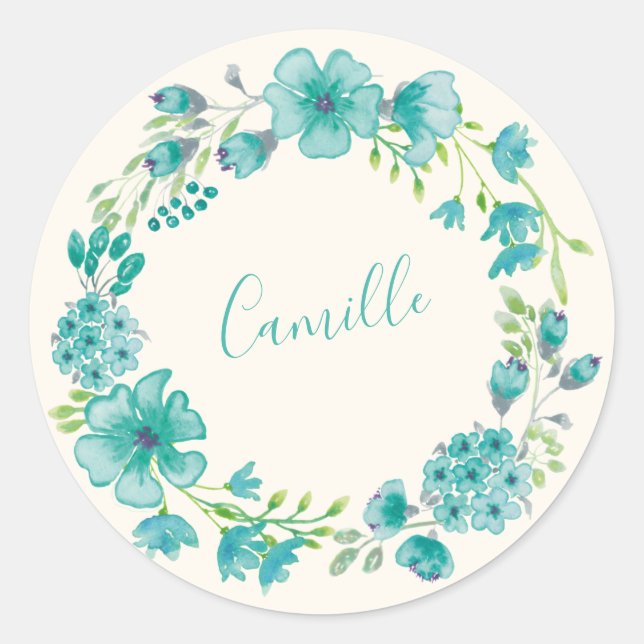 Pegatina Redonda Aqua Green Floral Wreath Nombre personalizado Prim (Anverso)