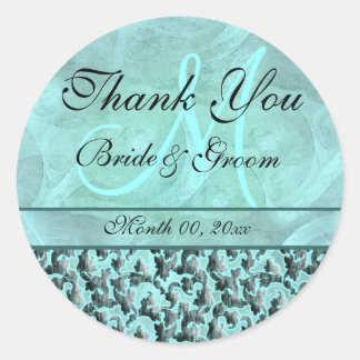 Pegatina Redonda Aqua gris "gracias" boda damask