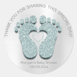 Pegatina Redonda Aqua Heart Feet Baby Shower Favor Gift Gracias Boy