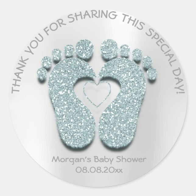 Pegatina Redonda Aqua Heart Feet Baby Shower Favor Gift Gracias Boy (Anverso)