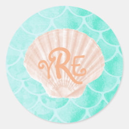 Pegatina Redonda Aqua Mermaid Scales | Monograma de conchas