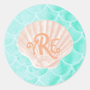 Pegatina Redonda Aqua Mermaid Scales   Monograma de conchas