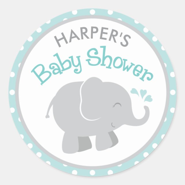 Pegatina Redonda Aqua moderna y elefante gris Baby Shower (Anverso)