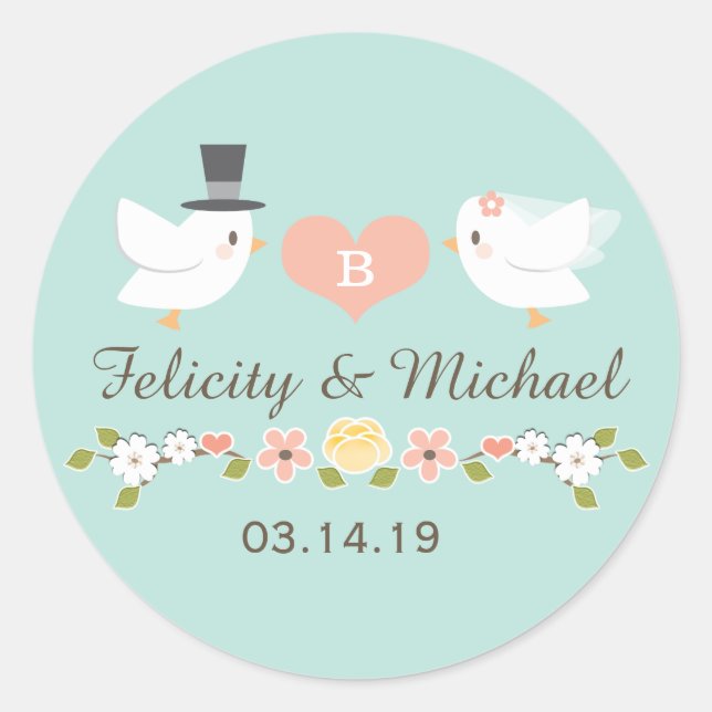 PEGATINA REDONDA AQUA MONOGRAMED DOVE LOVE BIRDS BODA (Anverso)
