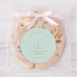 Pegatina Redonda Aqua Sencilla Elegante Cruz de Oro Baptismo Christ