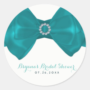 Pegatina Redonda Aqua Teal Ribbon & Diamonds Bridal Shower Elegante