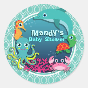 Pegatina Redonda Aqua Turquoise Ocean Life Baby Shower