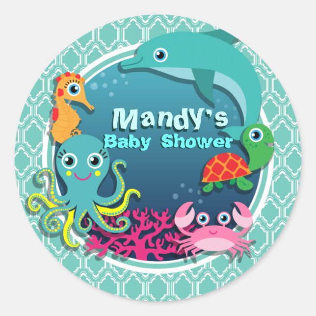 Pegatina Redonda Aqua Turquoise Ocean Life Baby Shower (Anverso)