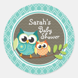 Pegatina Redonda Aqua Turquoise Retro Owls Baby Shower