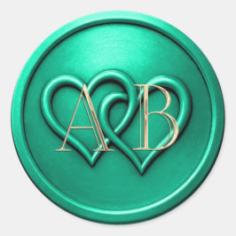 Pegatina Redonda Aqua Two Hearts Intertwined Monogram Wedding