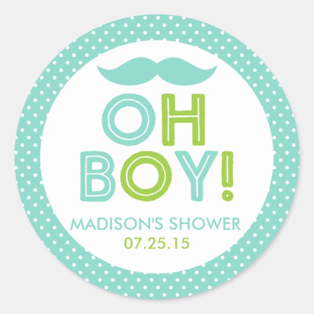 Pegatina Redonda Aqua y Lime Green Polka Dot Oh Boy Baby Shower (Anverso)