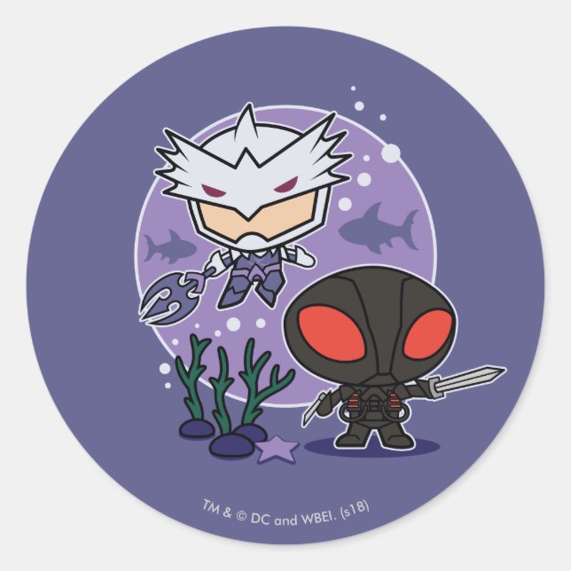 Pegatina Redonda Aquaman | Chibi Orm & Black Manta Undersea Graphic (Anverso)