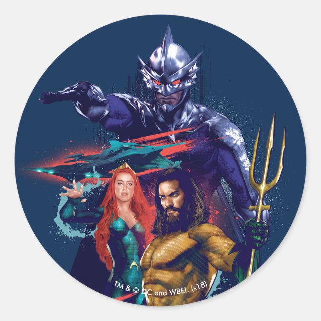 Pegatina Redonda Aquaman | King Orm Versus Mera & Aquaman (Anverso)