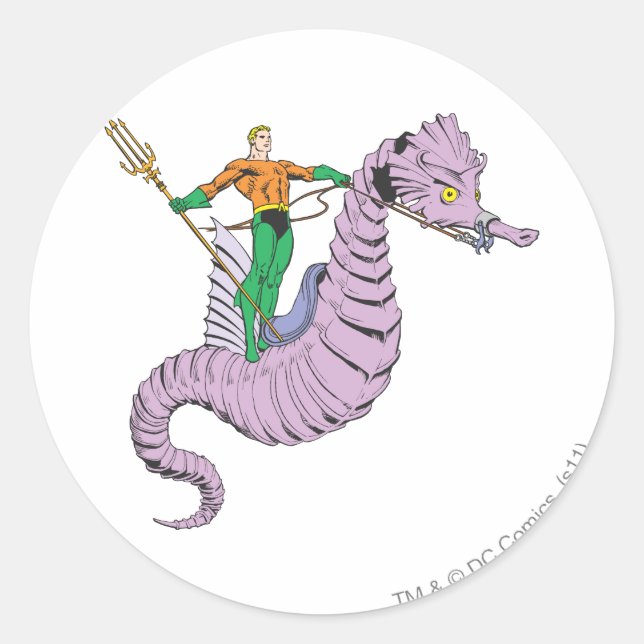 Pegatina Redonda Aquaman Rides Seahorse (Anverso)