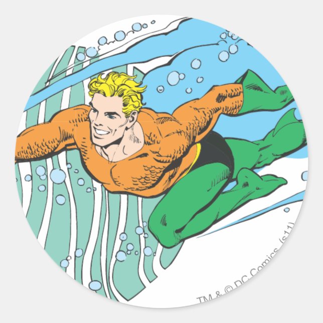 Pegatina Redonda Aquaman salta a la izquierda (Anverso)