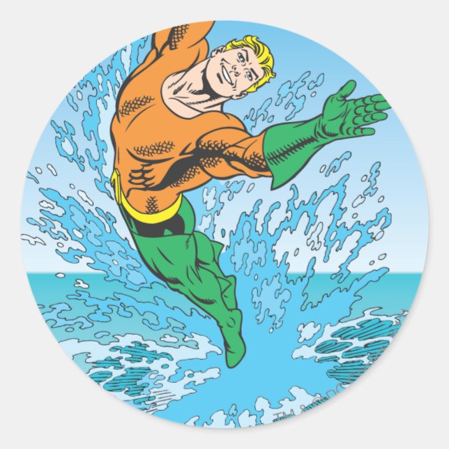 Pegatina Redonda Aquaman salta fuera del mar (Anverso)