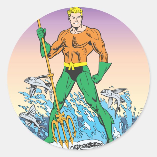 Pegatina Redonda Aquaman Se Pone De Pie Con Spear (Anverso)