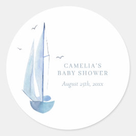 Pegatina Redonda Aquarelle Sailboat Baby Shower Ahoy Boy