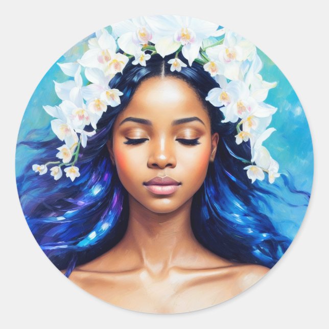 Pegatina Redonda Aquarius Black Chica Zodiac Art (Anverso)