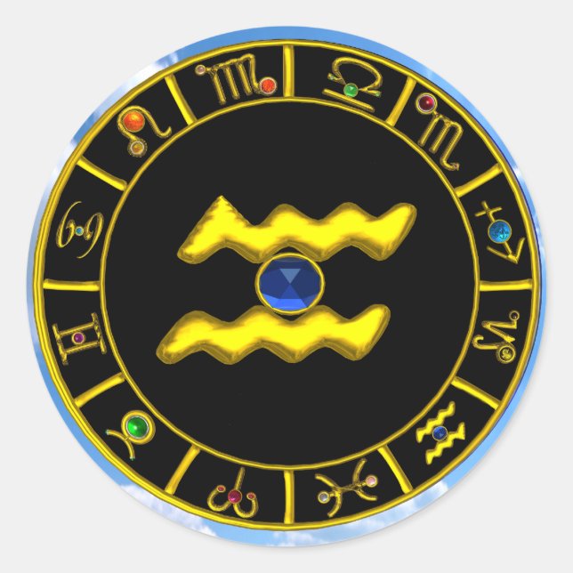 PEGATINA REDONDA AQUARIUS/GOLD ZODIAC BIRTHDAY JEWEL (Anverso)