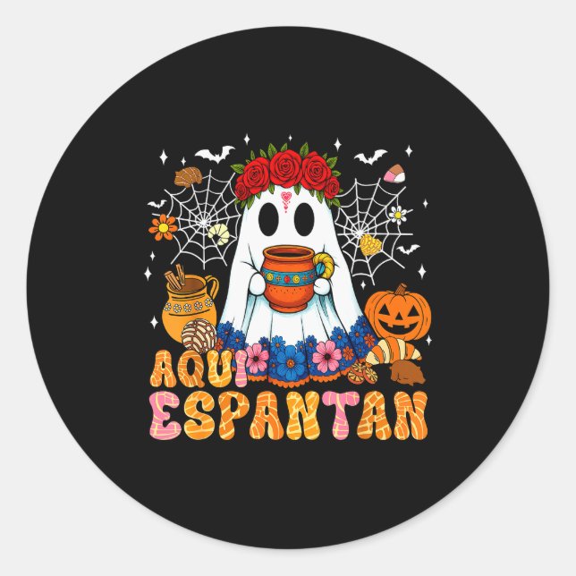 Pegatina Redonda Aqui Espantan Mexican Ghost Halloween Soky Conchas (Anverso)