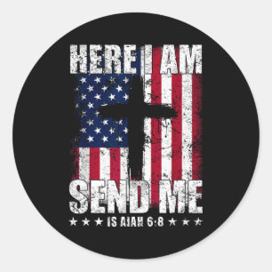 Pegatina Redonda Aquí estoy envíame bandera americana cruz Isaías 6