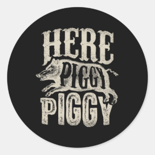 Pegatina Redonda Aquí Piggy Piggy T Shirt Boar Cazando Cerdo Vintag