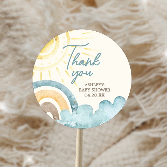 Pegatina Redonda Aquí Viene El Baby Shower De Son Retro (Here Comes The Son Retro Baby Shower Sticker)