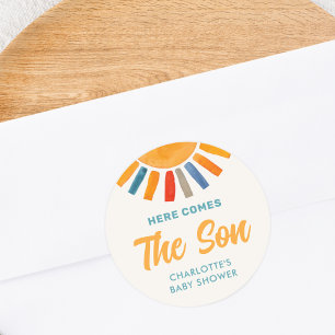 Pegatina Redonda Aquí Viene El Baby Shower Del Hijo