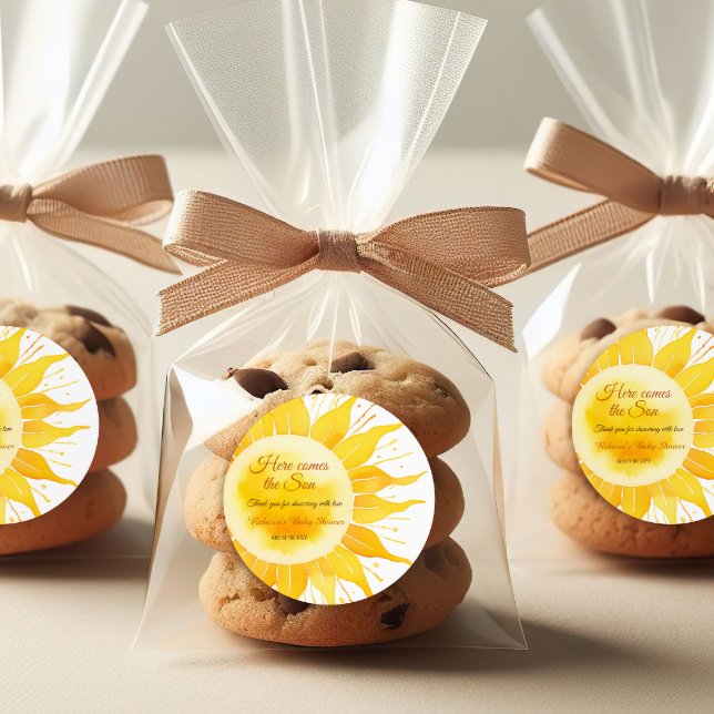 Pegatina Redonda Aquí viene el Baby Shower del sol amarillo del hij (Subido por el creador)