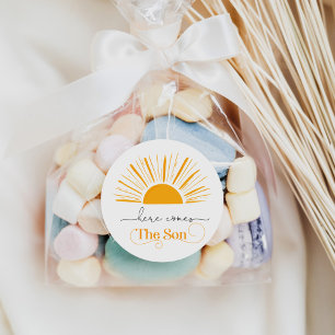 Pegatina Redonda Aquí viene el hijo baby shower gracias