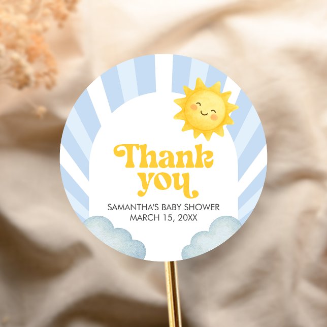 Pegatina Redonda Aquí viene el hijo Ducha de bebé (Here Comes the Sun Baby Shower Sticker)