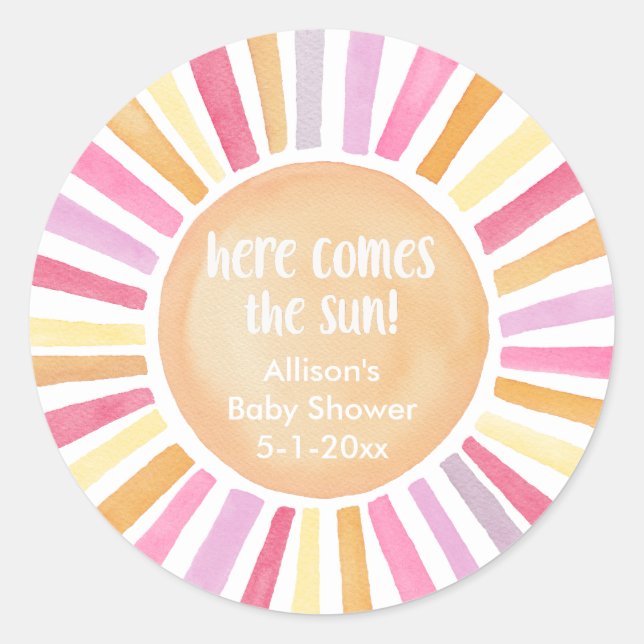 Pegatina Redonda Aquí viene el sol chica bebé ducha sol (Anverso)