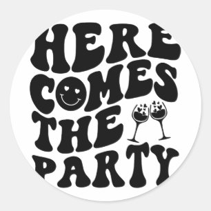 Pegatina Redonda Aquí viene la fiesta de la novia Retro Groovy Bach