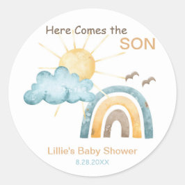 Pegatina Redonda Aquí Viene La Placa De Papel Baby Shower Son