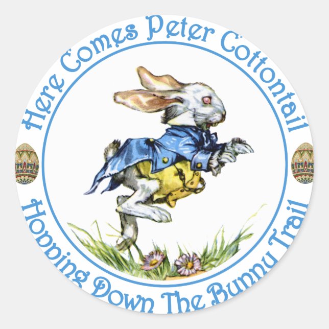 Pegatina Redonda Aquí viene Peter Cottontail (Anverso)