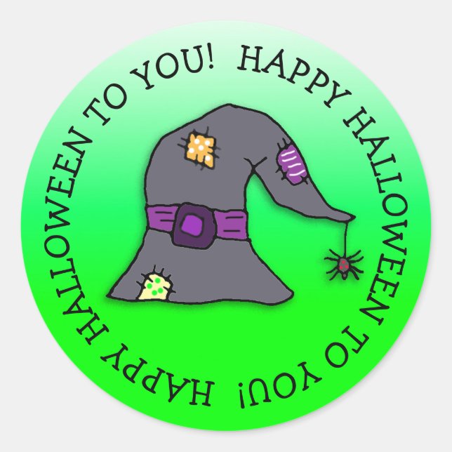 Pegatina Redonda Araña colgando de la Gorra de Brujas Halloween (Anverso)