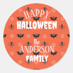 Pegatina Redonda Araña de Halloween, patrón de murciélago y cobarde