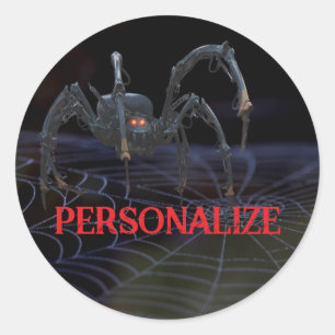 Pegatina Redonda Araña de ojos rojos en telaraña espeluznante
