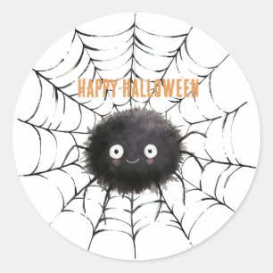 Pegatina Redonda Araña Negra de Halloween en Telaraña