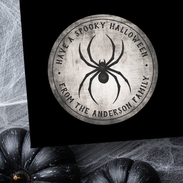 Pegatina Redonda Araña negra Feliz Halloween nombre personalizado (Black spider Happy Halloween personalized name Classic Round Sticker)