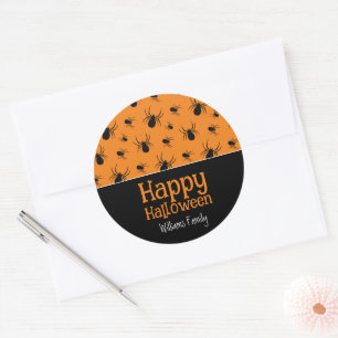 Pegatina Redonda Arañas Feliz Halloween Naranja Negro Personalizado