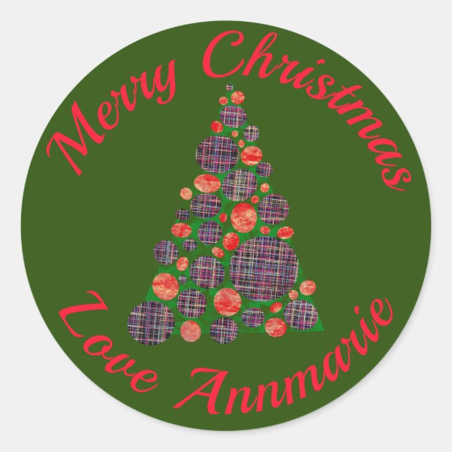 Pegatina Redonda Árbol abstracto verde rojo de Feliz Navidad (Anverso)